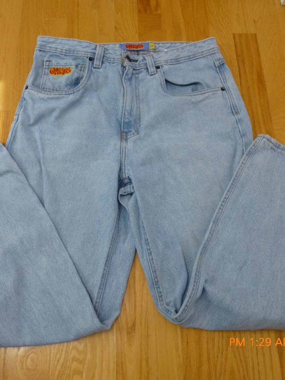 Empyre Relax Baggy Jeans Men Blue Patch Logo Loose Fit Mid Rise size 32